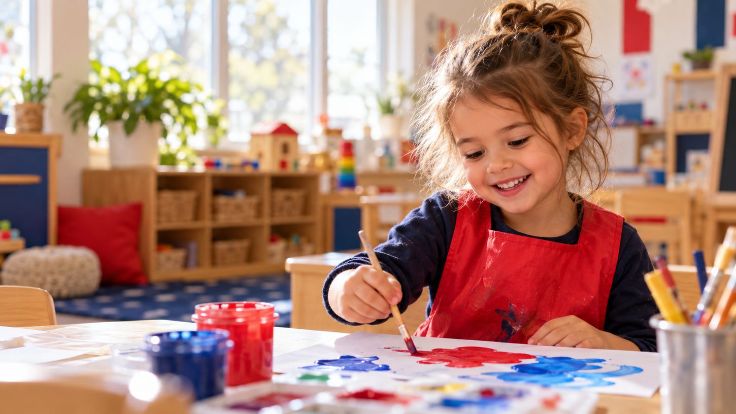Illustrative image of a smiling young child in a welcoming learning environment